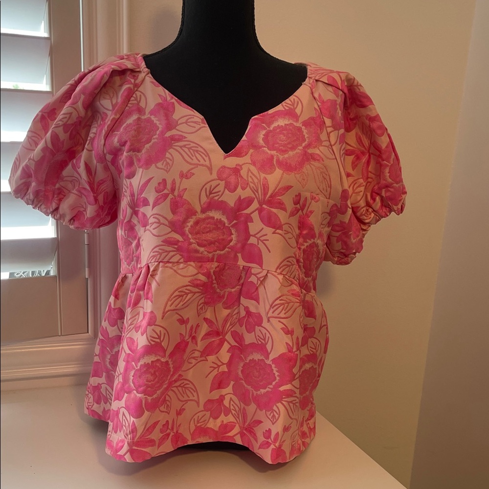 Umgee Pink Floral Puff Sleeve Blouse